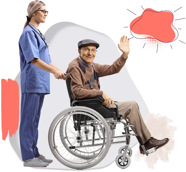 An Old Man is Laughing and Waving hand Sitting on Wheel Chair and NDIS Worker Girl is Holding Chair from Behind